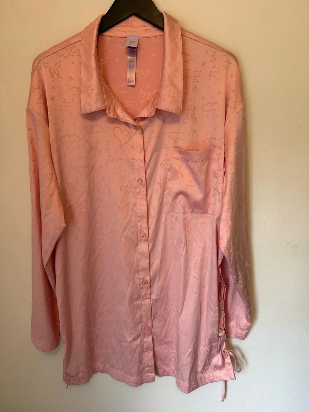 Savage X Fenty Heavenly Satin Sleep Shirt - Pink Floral Jacquard Pajama Top XL